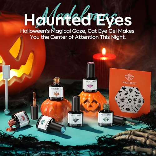 Image of Modelones Cat Eye Gel Nail Polish, 6 Colors Halloween Red Green Purple Orange Blue Gel Polish Set with Magnet Nail Stikers Glitter Nail Polish Kit Black Base Soak Off Led Nail Art Manicure Salon DIY