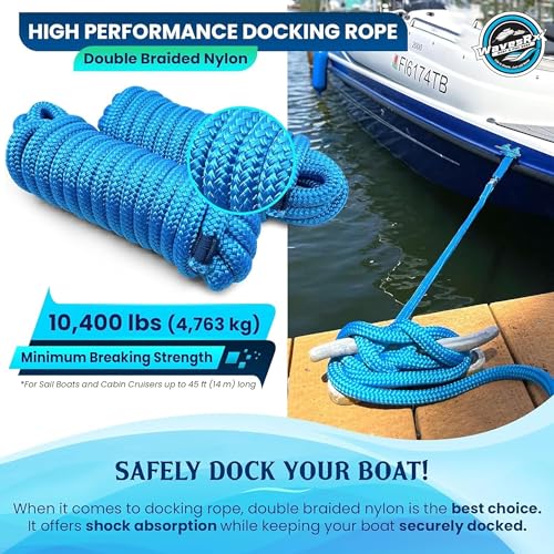 Image of Premium Nylon Boat Dock Lines & Ropes for Docking 5 /8'' x 25' | Double Braided Marine Rope & Mooring Line| Boat Ropes for Docking with Loop | UV & Saltwater Resistant Dock Ropes for Boats & Pontoons