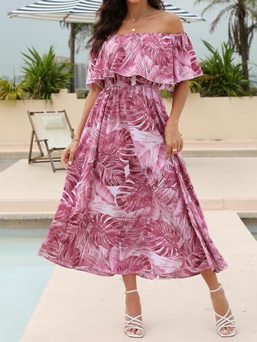 Image of CUPSHE Women Ruffle Floral Maxi Summer Dress Off Shoulder Short Sleeve Backless Flounce Bodice Slit Hem Beach Dresses