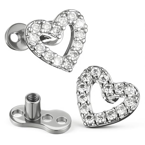 Josojoou 2Pcs Heart Dermal Jewelry Tops 14G Cubic Zirconia Dermal Piercing 316l Surgical Steel Fake Dermals Piercing Internally Threaded Studs for Women Men