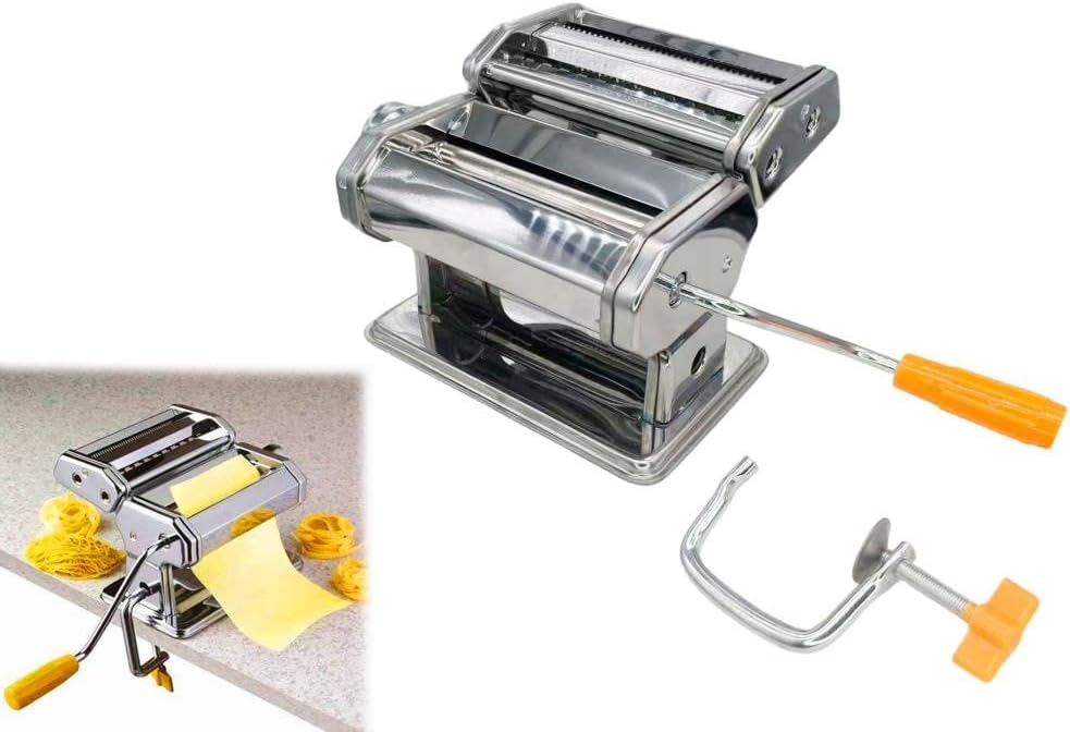 Pasta Maker Machine, Classic Style Italian Manual Pasta Maker with 3 Cutters for Spaghetti, Fettuccine, Lasagna,Heavy Duty Steel, Easy Lock Dial, Wood Handle & Brush