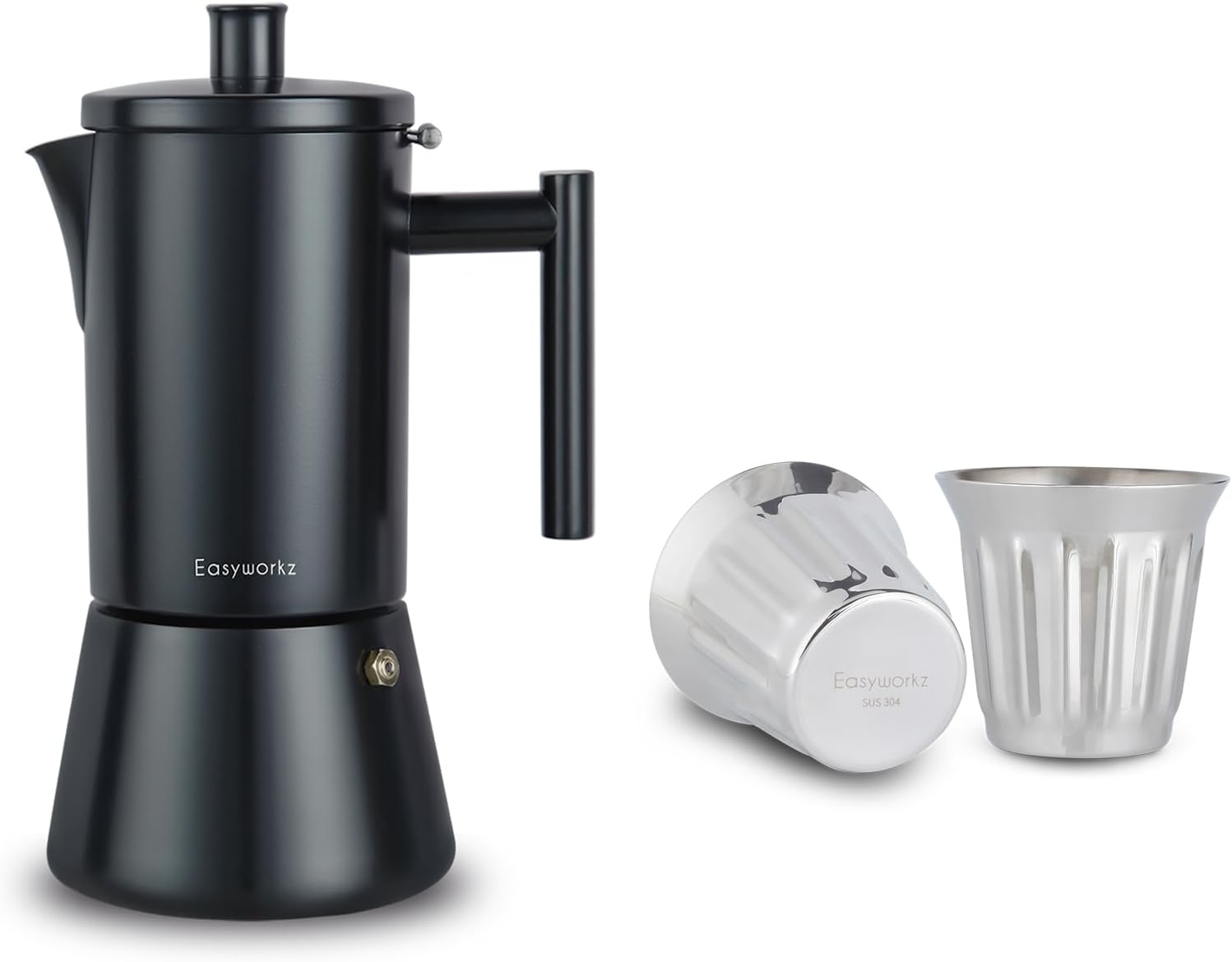 Easyworkz Diego Stovetop Espresso Maker Stainless Steel Bundled with Stainless Steel Double-Wall Espresso Cups