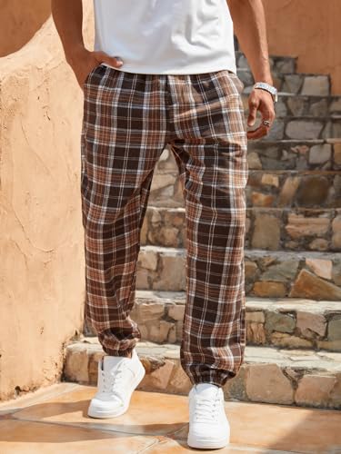 WDIRARA Men's Plaid Print Drawstring Waist Pants Loose Fit Casual Jogger with Pocket3