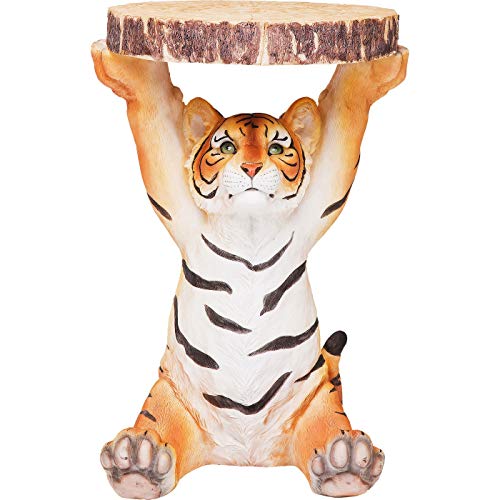 Kare Design Mesa Auxiliar Tigre Animal, Ø35cm, pequeña, mesa de centro redonda con aspecto de madera, Figura de animal como mesa de sala de estar única, 53x37x35cm