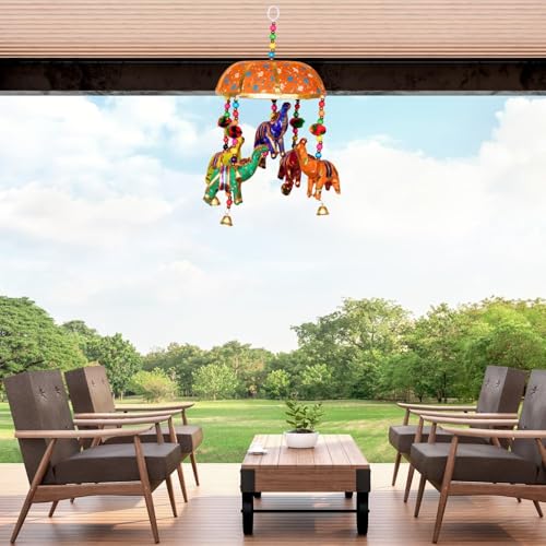 Image of Rajasthani Multicolor Elephants Jhoomer with Bell - Decorative Wind Chimes for Door & Wall Hanging, Ideal Home Decor & Gift Showpiece (Orange)