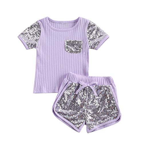 Image of Toddler Baby Girl Clothes Outfits Sequins Pocket Knitted Short Sleeve T-Shirts and Shorts