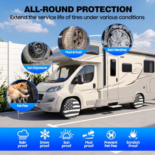 Image of Moonet PU Thickening Leather Tire Wheel Covers 4 Pack- Tough Tire Wheel Protector for Truck,SUV,Motorhome,Camper,Trailer,RV - Universal Fits Tire Diameters 24-26 inches,White Flag
