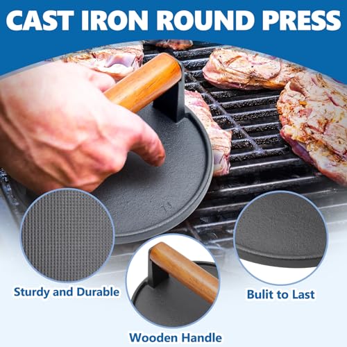 Image of SafBbcue Round Cast Iron Smash Burger Grill Weight Press Tool & Griddle Steamer Melting Dome 12 inch Round Stainless Steel Basting Cover for Blackstone Griddle, Griddle Food Cover Dome for Flat Top Grills