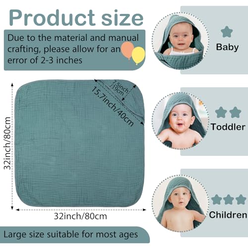 Image of Peryiter Muslin Hooded Baby Towels,32 inchx 32 inch Cotton Newborn Bath Towel Muslin Infant Baby Blankets Absorbent Unisex Newborn Registry Gift for Girls Boys(Teal)