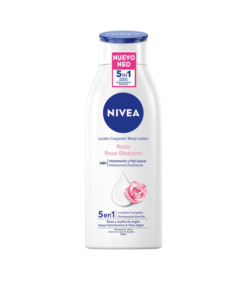 NIVEA Loción Corporal Rosa (400 ml), crema corporal con aceite de argán y fragancia de rosa, crema hidratante corporal para 48 horas de hidratación profunda completa