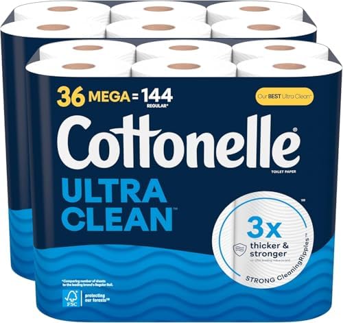 Cottonelle Papier toilette, 36 méga rouleaux = 144 rouleaux réguliers (2 paquets de 18), Ultra Clean, papier hygiénique résistant pour salle de bain, 284 feuilles par rouleau, l'emballage peut varier