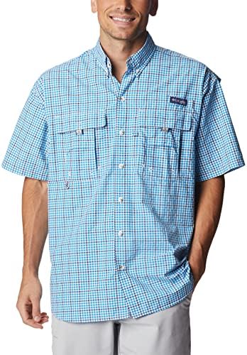 Columbia Men's Super Bahama Short Sleeve Shirt, Compass Blue Gingham Grid, Large
