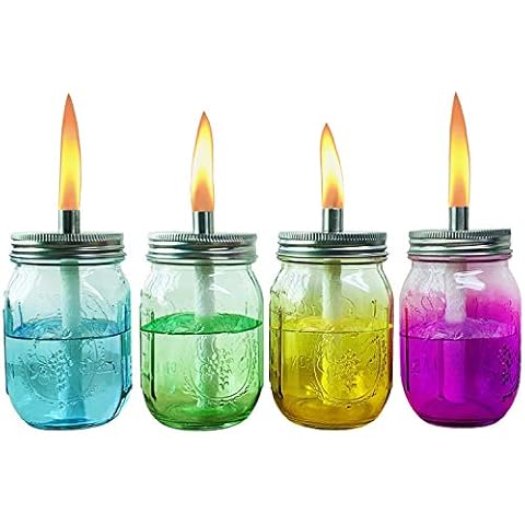 Multicolored Glass Outdoor Tabletop Torch Set, Citronella Glass Table top Torches with Wick and Cap for Outdoor,Refillable Landscape Torches for Yard Patio Christmas Garden,Party Decor Cover