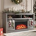 YESHOMY Fireplace TV Stand for Television up to 65+ Inch with Storage and Farmhouse Sliding Barn Doors, Entertainment Center with Cabinet and Shelves, Media Console for Living Room, Gray