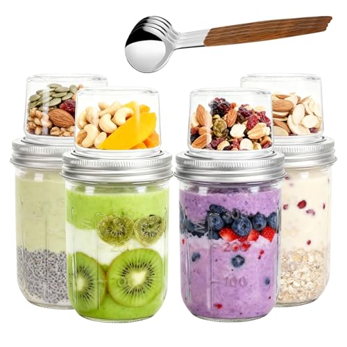 Hniuyun 4 Pack 16 oz Overnight Oats Jars with Lids & Spoon, Dual-Layer Glass Containers for Breakfast, Meal Prep, Yogurt, Parfaits