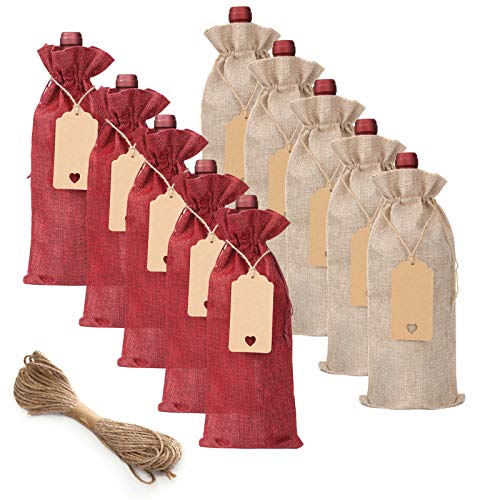 BEAVOING Burlap Wine Bags 16 Pcs Wine Bottle Bags Jute Wine Gift Bags with Tags and Ropes Wine Bottle Covers for Christmas Wedding Housewarming Engagement Wine Tasting Party Supplies Red&Linen 16