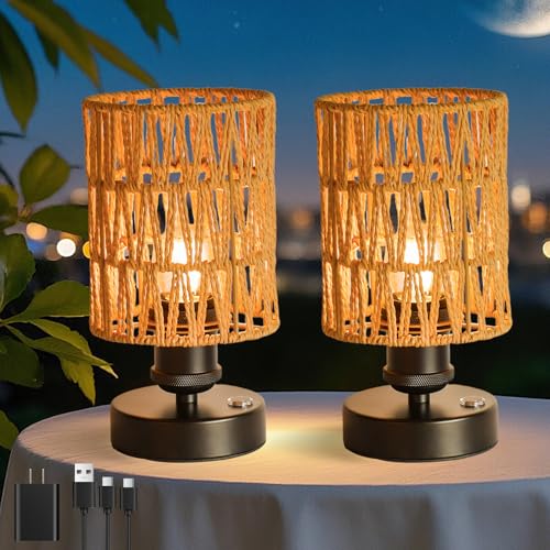 GEYUEYA Home Wicker Table Lamp,Wireless Rechargeable Outdoor Table Lamp,Touch Dimming, E26/E27 Socket, Hand-Woven Paper Rope Lampshade, Small Bedside Lamp, Living Rooms and Bedrooms - 2 Pieces, Beige