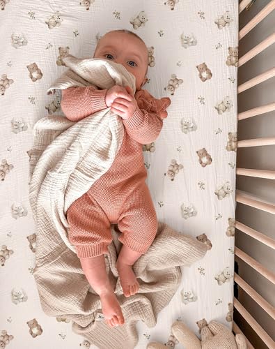 Image of Mini Crib Sheets for Baby Boy Girl 2 Pack, Neutral Mini Crib Mattress Sheet 24 inch x 38 inch, Muslin Nursery Bedding Soft and Breathable Comfort (Teddy & Friends)