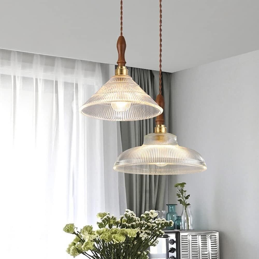Generico LAUMZX Lampada a sospensione vintage in vetro scanalato, lampada a in ottone e legno di noce da 12,2" Lampadario E26 con cavo regolabile 59" for isola cucina, sala pranzo