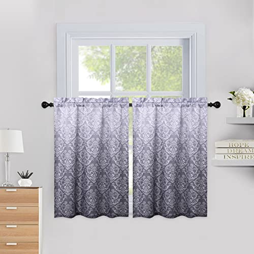 Faironly Floral Print Ombre Kitchen Curtains Room Darkening Short Curtains Farmhouse Cafe Curtains Window Treatment Set For Living Room Bedroom, 26 X 36 Inch, Grey #TOP3