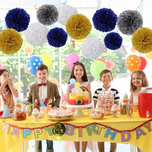 Image of BestoFun 16 PCS Pompoms Paper Flowers Decorations Navy Blue White Gold Party Decoration Navy Blue White Silver Party Decorations Graduation Baby Shower Gender Reveal Decorations Lasting Surprise