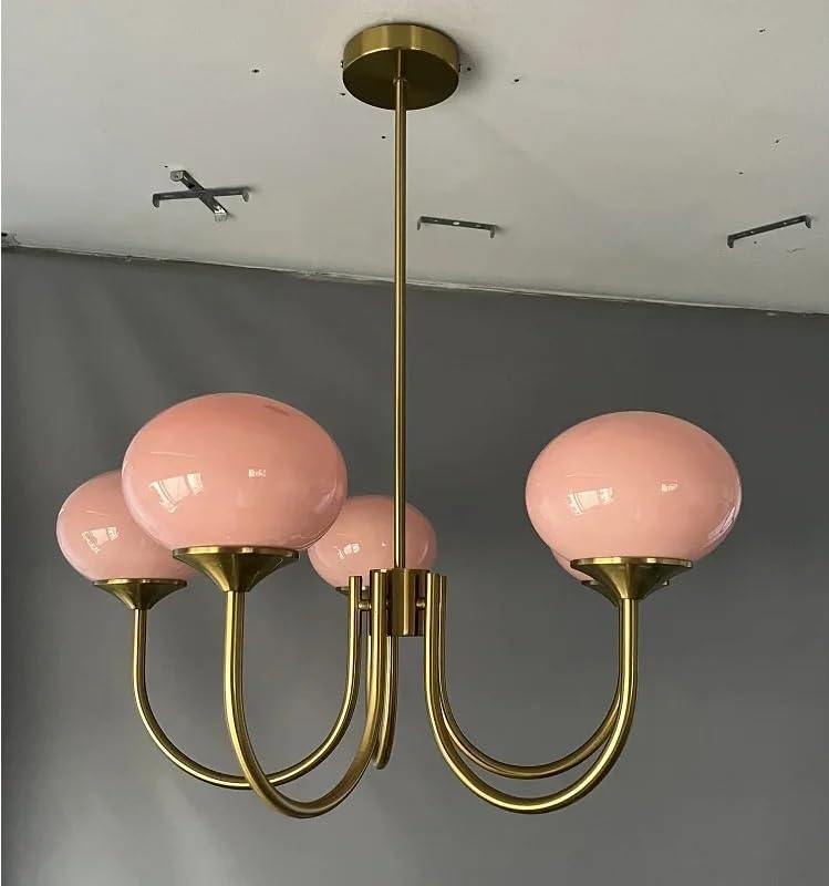 Lampe suspendue en verre blanc et rose au design français raffiné à 5 lumières