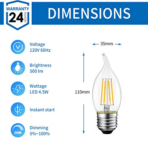 Anwio C35/Ca11 Flame Tip Chandelier Light Bulbs, Led Filament Bulb Candelabra E26 Base, Dimmable 4.5W (60W Equivalent) B11 E26 Medium Base, 2700K Warm White, 6 Pack #TOP3