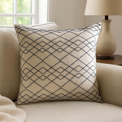 Image of Wakefit Designer Cushion Cover | 16x16 inch | Heavy Embroidery | Cotton & Linen Fabric on Both Sides | Pack of 1 | Abstract Triangle Navy