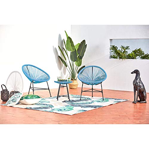 CONCEPT USINE - Salon de Jardin - Ensemble Bistrot 3 pièces Rotin Naturel : 2 Fauteuils Oeuf + Table Ronde Design Acapulco Bleu | Cordes Polyéthylène...