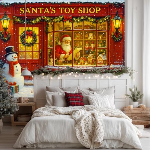 BlissYard Santa Toy Shop Christmas Backdrop Banner 8x6ft Red Store Window Santa Claus Snowman Gifts Garland Holiday Decoration Background for Kids Party Indoor Outdoor Scene by BlissYard - Used condition - Image 3