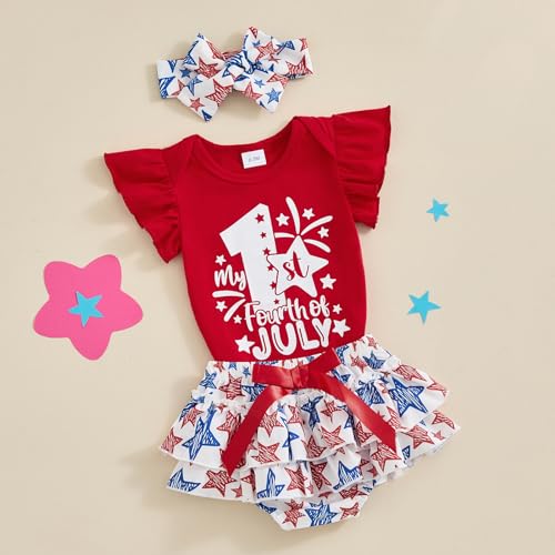 4th of July Baby Girl Outfits First Independence Day Fly Sleeve Romper Stars Shorts My 1st Fourth of July Outfit3