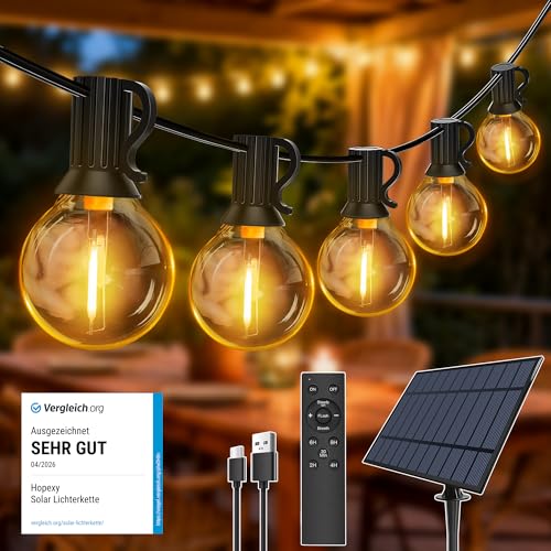 Lichterkette außen solar 10M mit 16+1 LED-Glühbirnen, G40 wetterfeste Solarbeleuchtung für Garten, Balkon, Fernbedienung, 3 Beleuchtungsmodi, Timer-Funktion, IP65 wasserdicht für Partys und Dekoration