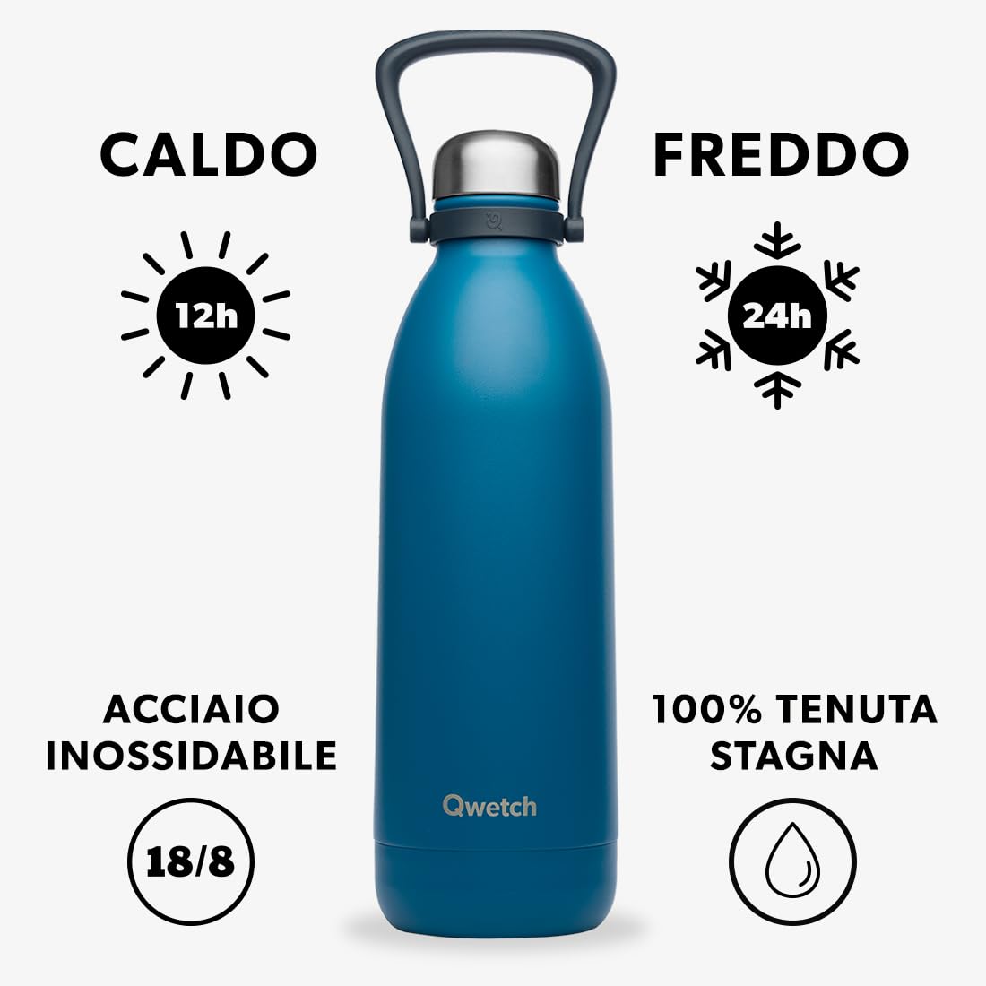 Qwetch - Borraccia Termica 1,5L in Acciaio Inox Blu Anatra - 48h Freddo, 16h Caldo - Impermeabile, Senza BPA & Riutilizzabile - Bottiglia Termica con Manico per Sport, Escursioni, Ufficio, Campeggio