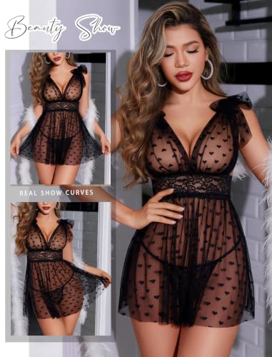 Avidlove Lace Babydoll Lingerie Set Sexy Chemise Mesh Nightgown Black M - image 4