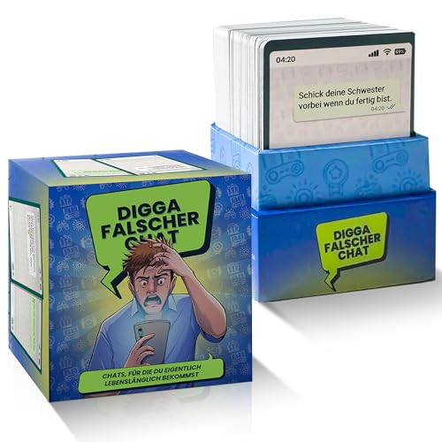 Banger Studios Digga FALSCHER Chat – Mega lustiges Kartenspiel | Partyspiel für 3–8 Erwachsene, Freunde | Peinliche & absurde Chat-Nachrichten kombinieren - Perfekt für Spieleabend