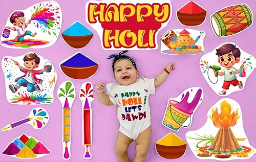 Image of 20+ Pcs Theme Photo Booth Cards /Props for Kids, New Born, 20+ Pcs Props for Photoshoot Celebrations Decorations Cardstock (Holi Theme)