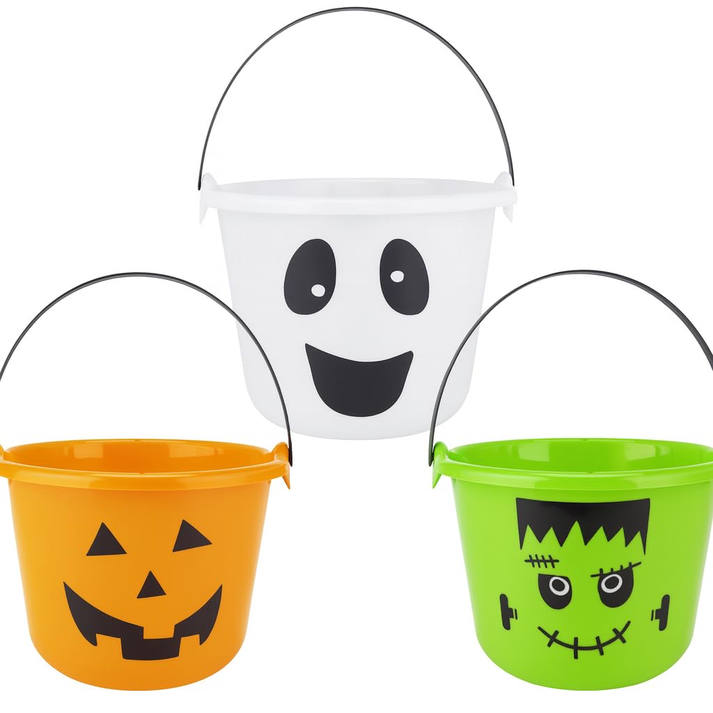 Halloween Trick or Treat Sweet Buckets with Built-In Projector Light – Kids Pumpkin, Ghost & Frankenstein Designs – 22cm Plastic Sweets Candy Bucket with Handle for Halloween Parties (All 3 Buckets)