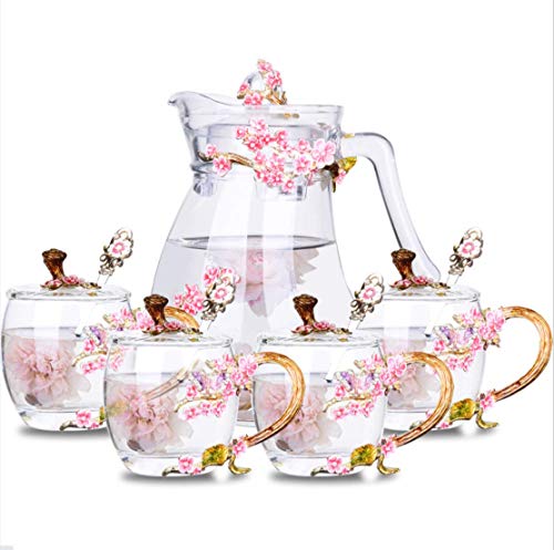 🔥 Crazy Deals SUQ I OME Luxury Flower Enamel Glass Tea Cups Novelty Flower Teacups and Teapot Set with Lid,Gifts for Women on Wedding,Christmas Mothers Day,Birthday,Plum Red Set with Lid