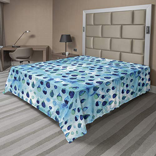 Ambesonne Navy and Teal Flat Sheet, Abstract Blue Watercolor Drops Aquarelle Art Rain Teardrop Quirky, Soft Comfortable Top Sheet Decorative Bedding 1 Piece, Queen Size, Turquoise Navy Blue
