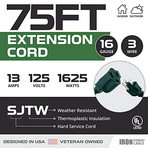 Iron Forge 75 Ft Extension Cord, 16/3 Green 75 Foot Extension Cord Indoor/Outdoor Use, 3 Prong, Weatherproof Exterior Extension Cord, Great For Gardens, Landscaping, Lawn Mower, Us Veteran Owned #TOP1
