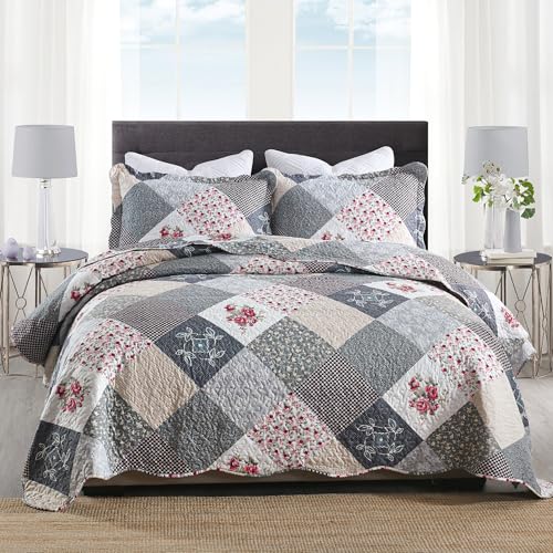 HoneiLife Quilt Set Queen Size - 3 Piece Microfiber Quilts Reversible Bedspreads Patchwork Coverlets Floral Bedding Set All Season Quilts-Grey Rose,Queen/Full Size by HoneiLife - Used condition - US$39.58