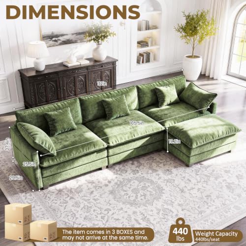 Image of LEVELEVE 112 inch L-Shape Modular Sofa with 1 Ottomans, Deep Seat Cloud Convertible Sleeper, 3 Throw 2 Arm Pillows, Comfortable Upholstered Furniture for Living Room Apartment, Green