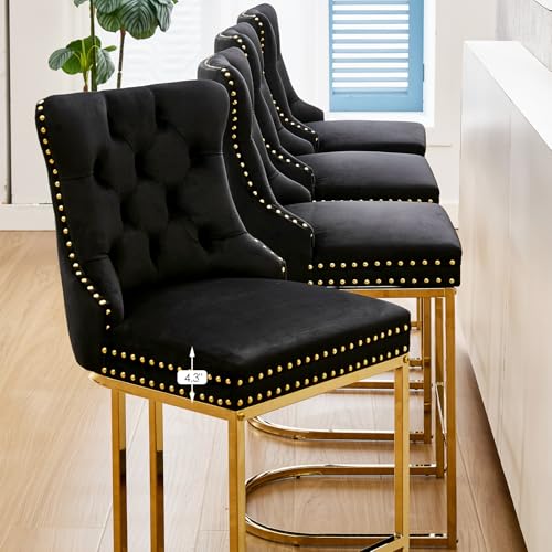 Image of UVV Counter Height Bar Stools Set of 4, 26 inch Modern Barstools with Back, Velvet Upholstery Counter Chairs with Metal Legs for Kitchen Island, Bar, Counter, Black