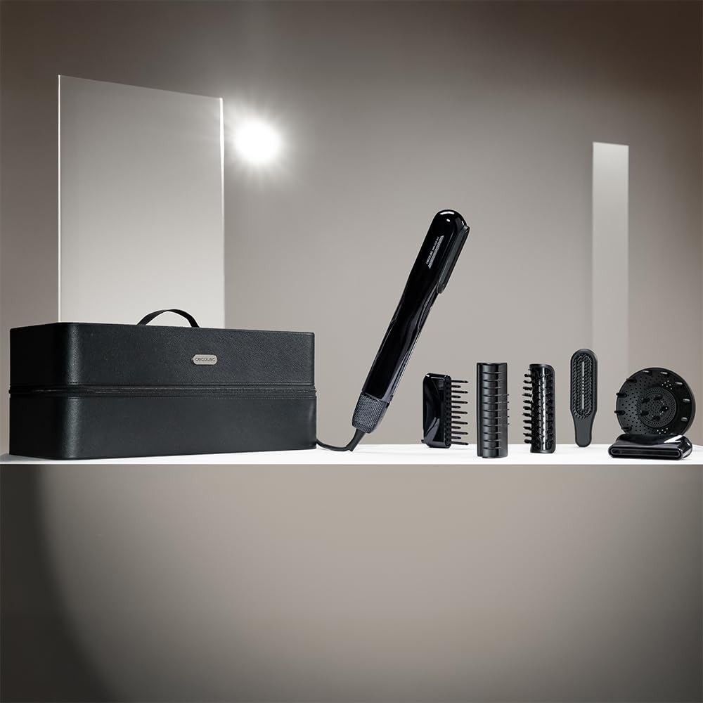 Cecotec Plancha de Pelo con Aire con 6 Accesorios AirLisse 6i1n Elite.112000RPM, Flujo de Aire 13m/s, Función Plasma, Motor Brushless, Cepillo Convencional Incluido, Estuche de Cuero