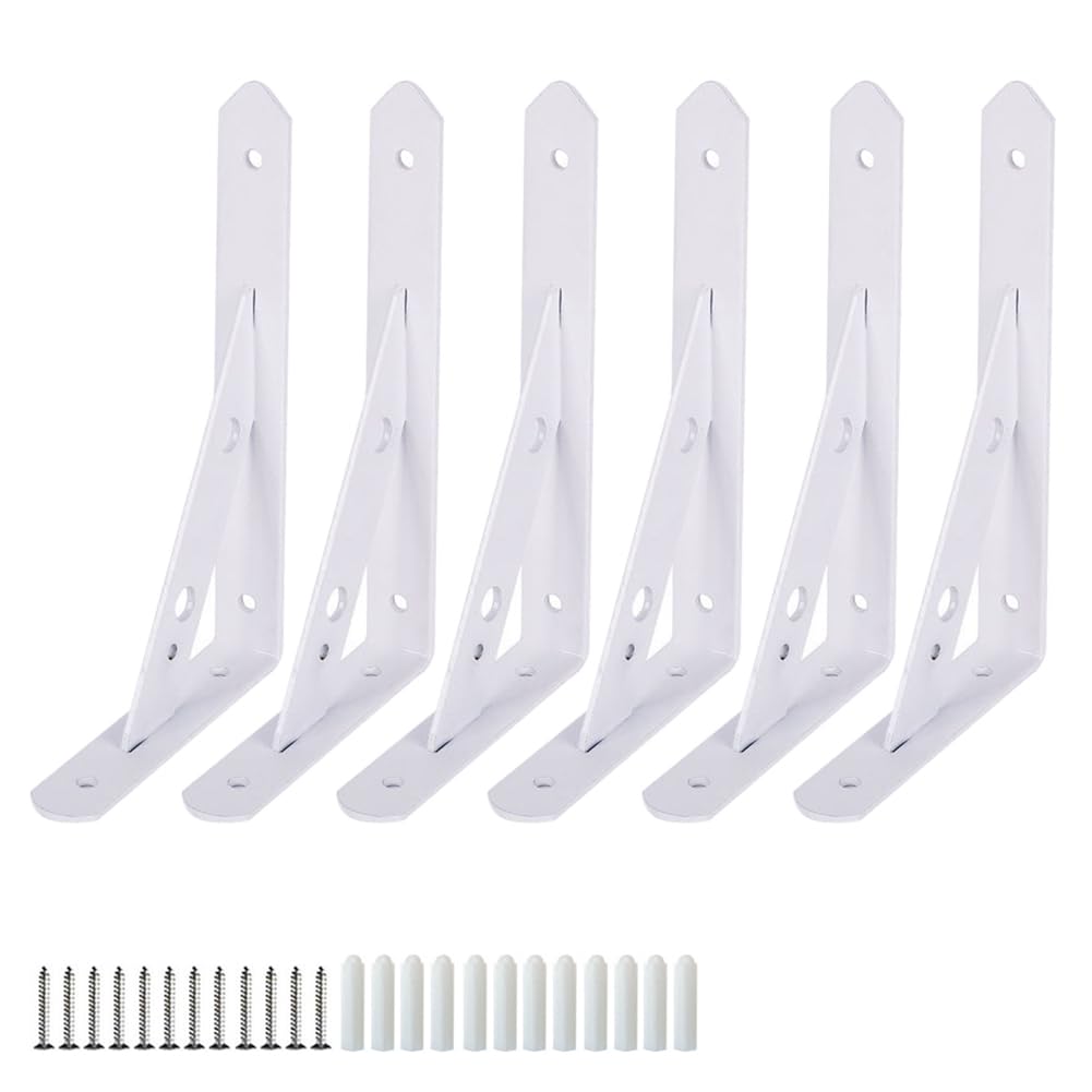 6 staffe per mensole triangolari resistenti a 90 gradi, colore bianco, supporto per mensole da parete per casa, cucina, libreria, 15,5 cm e 25,4 cm, viti incluse
