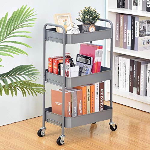 Toolf 3-Tier Rolling Cart, Metal Utility Cart With Lockable Wheels, Storage Craft Art Cart Trolley Organizer Serving Cart Easy Assembly For Office, Bathroom, Kitchen, Kids' Room, Classroom (Grey) #TOP6