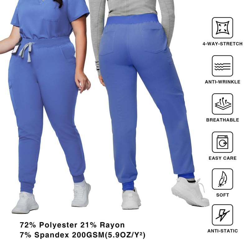 Image of Kitmaz Scrub Pants for Women - Mid Rise 4-Way Stretch Anti-Wrinkle Slim Fit Jogger Pants, Drawstring & 5 Pockets