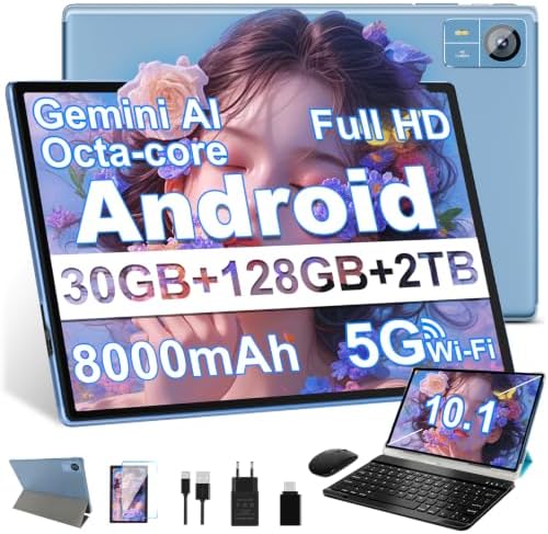 SUAAT 2026 Neuestes Android Tablet 8000 mAh【128 GB ROM+2TB】 GPS,GMS,Gemini AI 10.1 Zoll, Widevine L1, Octa Core, Bluetooth 5.0,Tablets mit Maus, Tastatur und Schutzhülle-Blau