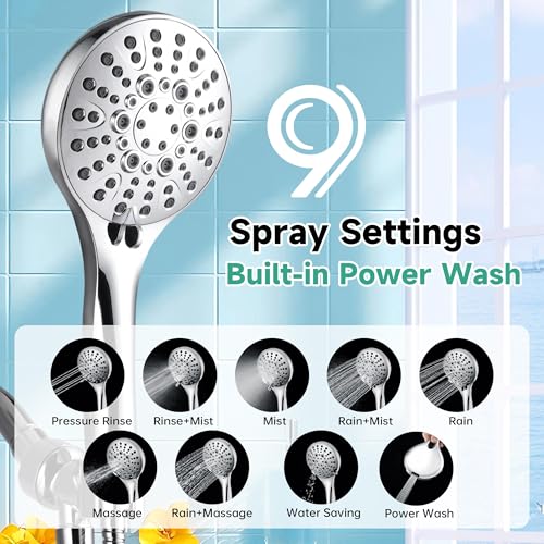 Image of BRIGHT SHOWERS High Pressure Shower Head with Handheld, 9 Spray Settings Showerhead Built in Power Wash to Clean Tub and Pets, Extra Long 69 inch Hose, Adjustable Bracket, Chrome