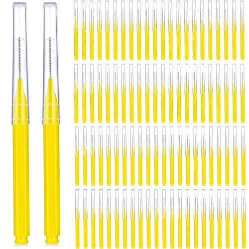 Image of Patelai 100 Pieces Braces Dental Brush for Cleaner Interdental Toothpick Dental Tooth Flossing Head Oral Hygiene Flosser Toothpick Cleaners Tooth Tool(Yellow,Portable Size)